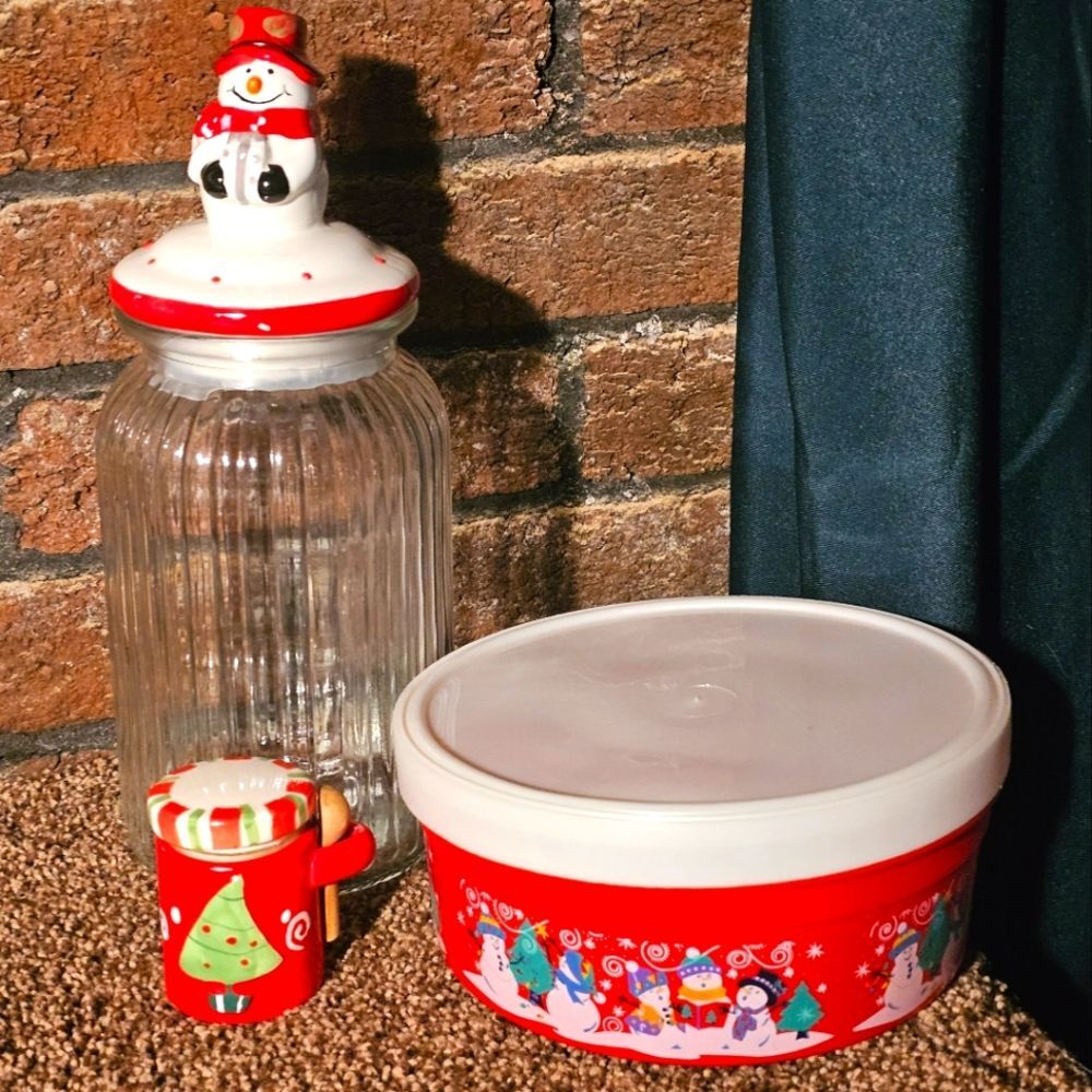 Seasonal Christmas Storage Containers Lot of 3 Snowman & Trees, Specialty Glass